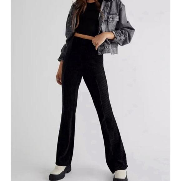 Free People Pants - Free People Pull On Velvet High Rise Flare Pants L Ribbed Black Boho Goth Retro